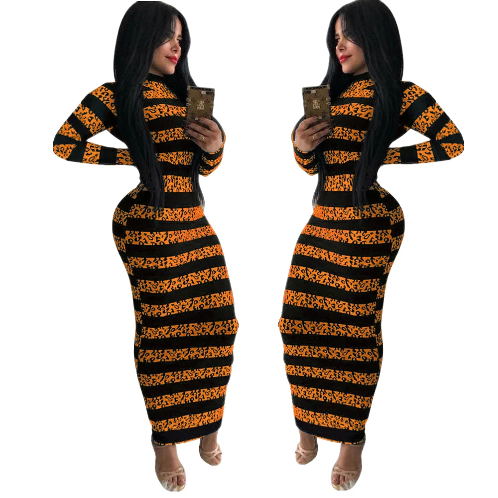 

New style women's striped Printed Long Sleeve Dress in autumn and winter of 2021