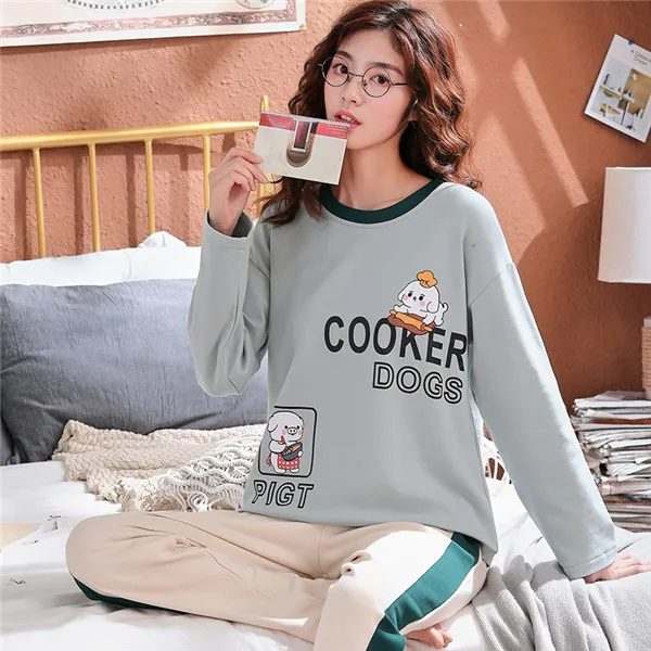 

JULY'S SONG 2pcs Women Pajama Set Cute Cartoon Sleepwear Autumn Winter Printed Long Sleeve Casual Homewear Female Pajamas