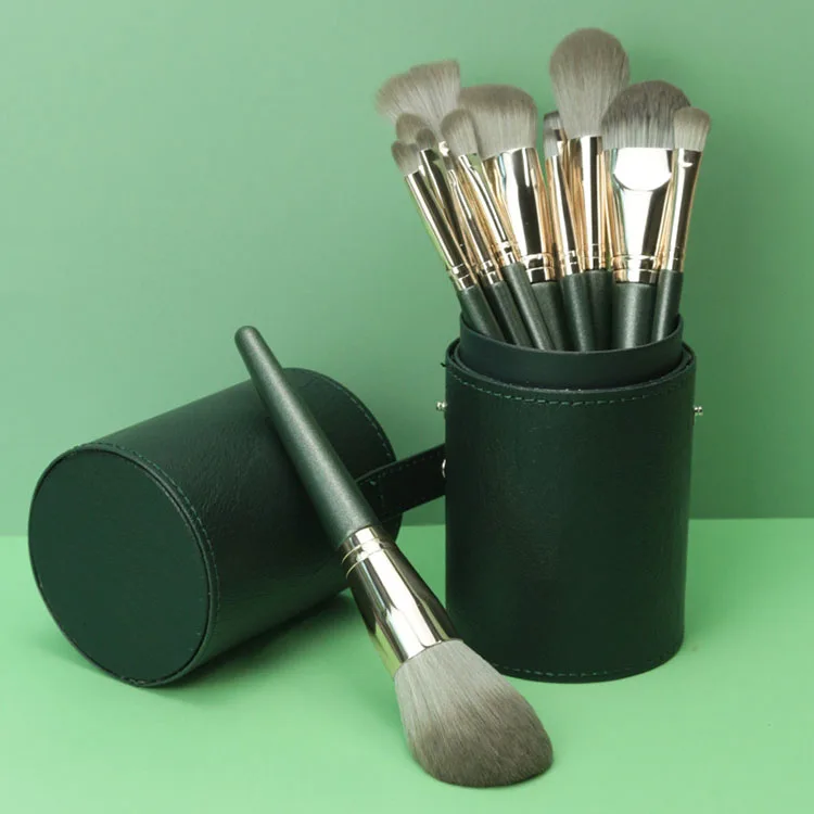 

LOW MOQ 14pcs Green Powder Foundation Makeup Brush Kits With Bag Luxury Synthetic Nylon Hair Plastic Handle Makeup Brushes