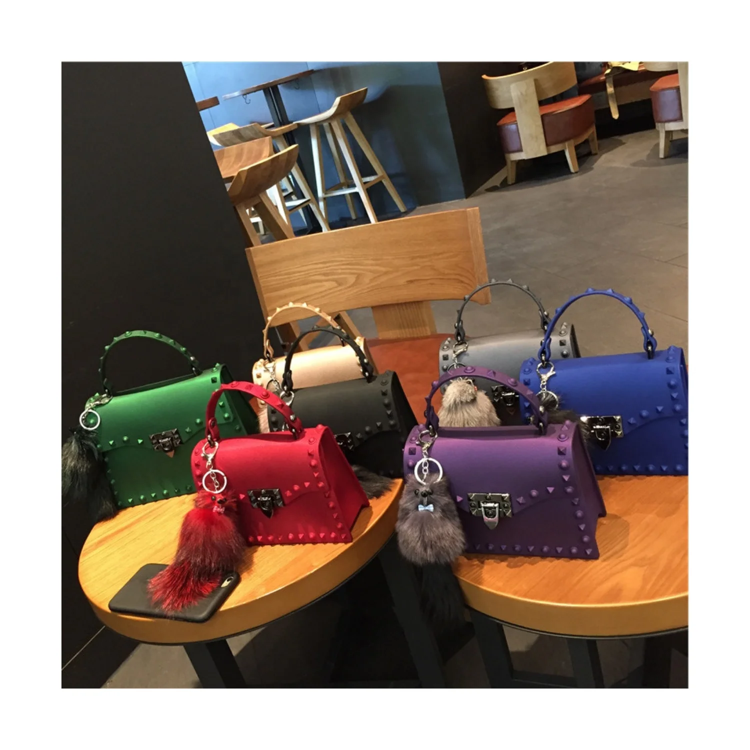 

Wholesale tote purse woman pvc black designer jelly handbags pink mini blue matte rivet jelly bag