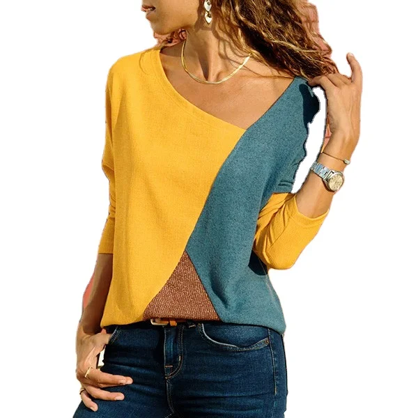 

Womens Geometric T Shirt Stitching Contrast Color Casual Plus Size Ladies Top