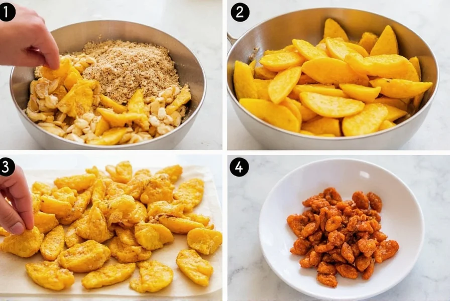 Step-by-step preparation of homemade nutty fruity chili mango snack showing mango drying process, seasoning mixing, and final coated product