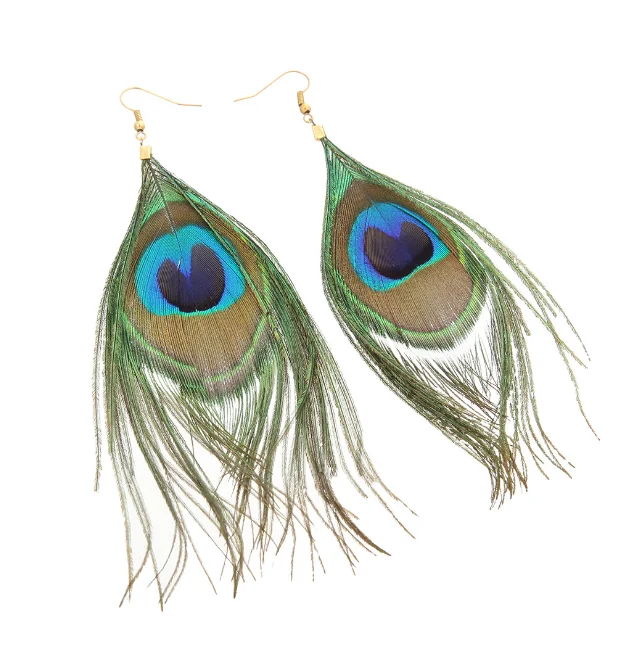 

New Trendy Green Feather Earrings Ethnic Style Creative Peacock Feather Pendant Earrings