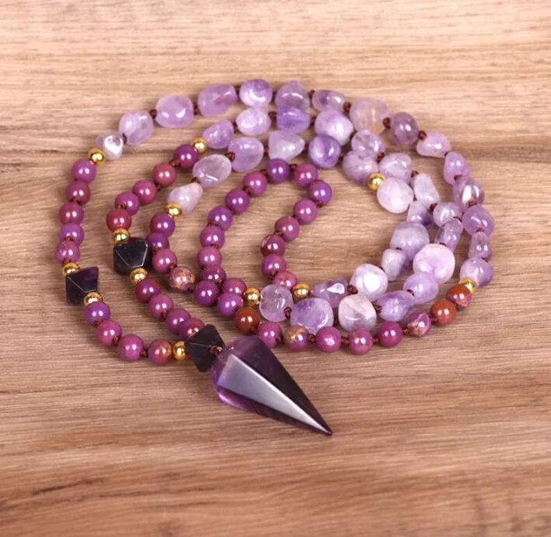 

Long Knotted Natural Stone Bead Jasper Real Purple Crystal Amethyst Quartz Hexagonal Cone Pendulum Pendant Necklaces