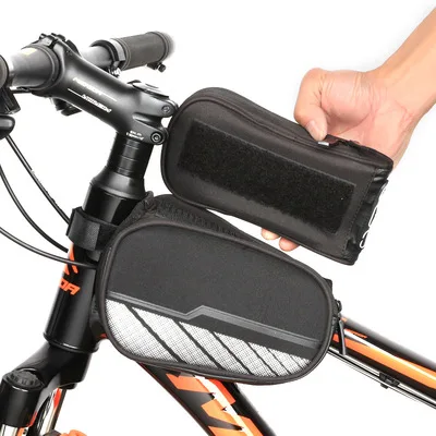 

Hot Sale Cheap Price Waterproof Mobile Phone Touch Screen Top Tube Bicycle Saddle Bag,Double Bicycle Storage Bag, Black