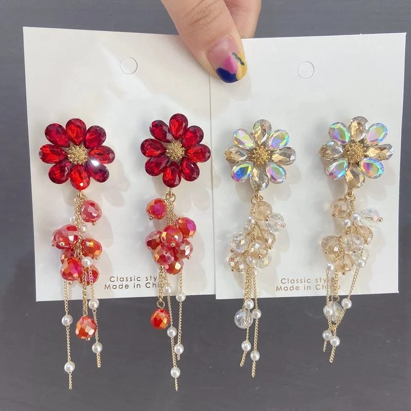 

New Korean Fashion Crystal Flower Drop Dangle Earrings For Women Elegant Pearl Tassel Jewelry Pendientes Gifts