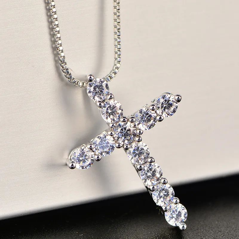 

Diamond Cross Crystal Pendant Necklace Silver Plated Zircon Box Chain Fashion Jewelry Cross Choker Necklace Gifts For Women, As pic or customized