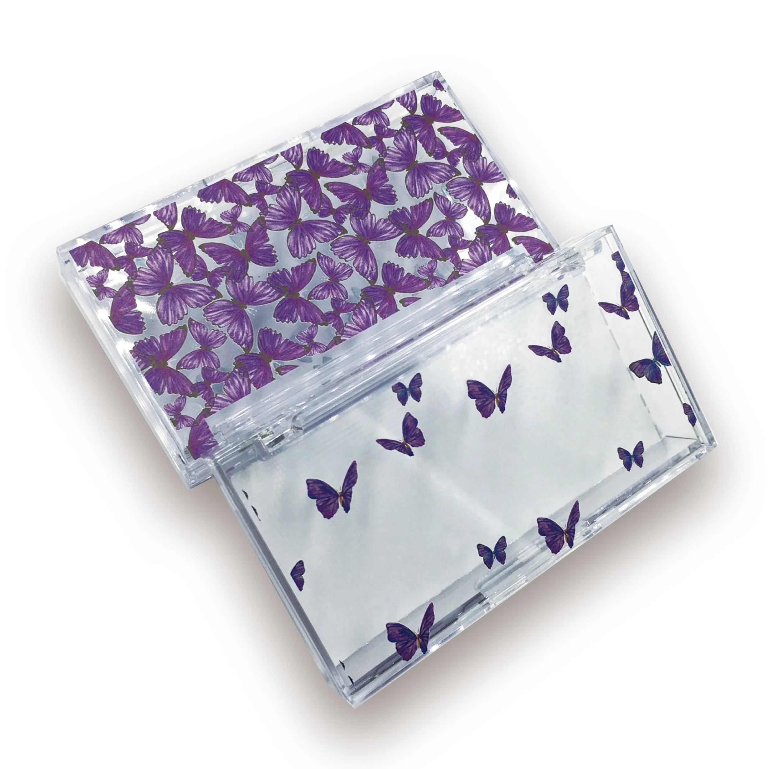 

Acrylic Case Wholesale Eyelash Box Custom Purple Butterfly Print Lash Packaging 3D Mink Eyelashes Clear Box