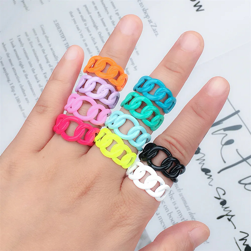 

Candy Color Cuban Curb Chain Rings Rainbow Color Pink Oil Drip Enamel Link Open Ring Finger Rings New Trendy