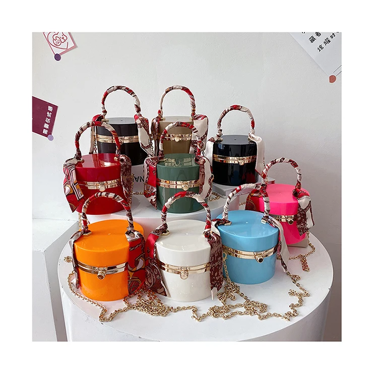 

2021 Summer Tote Purses Candy Color Mini Acrylic PVC Hand Bags With Scarf Women Small Round Box Handbags Chain Messenger Bags