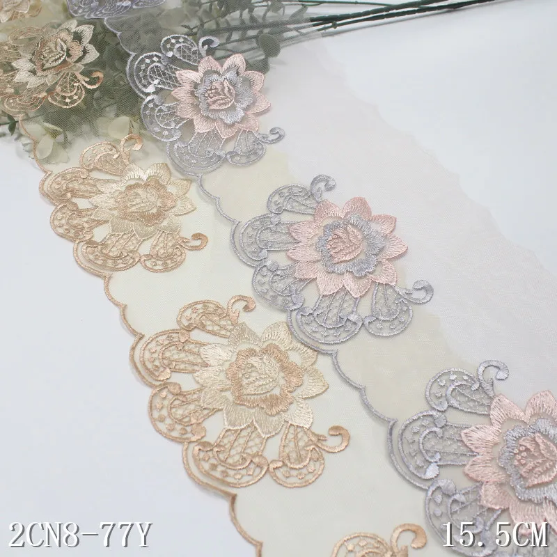 Elegant 15CM Nude Light pink Tulle Big Flower Pattern Voile Lace Trim Fabric Embroidery Lace for Women Prom Dress