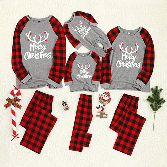 

Mens gray warm and plush adult Matching Family Pajamas Sets Christmas PJ's plaid deer shirt and pants sets, Red plaid + gray