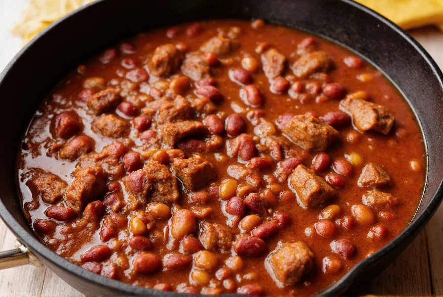 Beef chili with beans in cast iron pot showing browned meat chunks, kidney beans, and rich red sauce with visible spice flecks