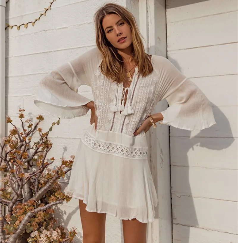 

Women Summer Beachwear Half Sleeve Crochet Pom Pom Trim Beach Tunic Cover up