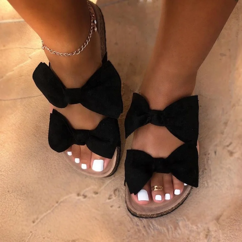 

2021 hot sale slides black bow plus size slippers for woman, White,and black