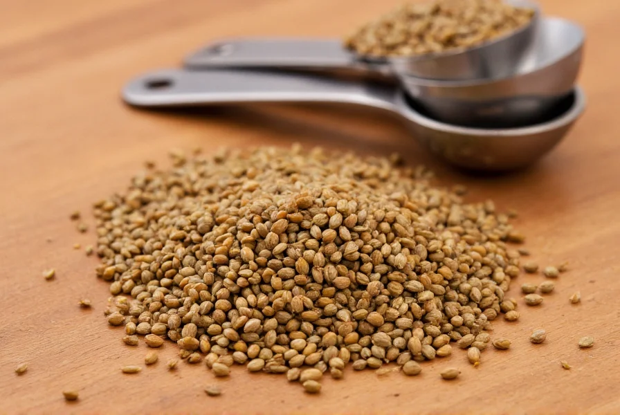Close-up of golden brown cumin seeds scattered on wooden table with measuring spoons