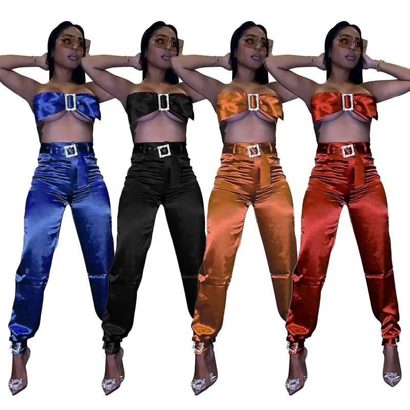 

B62061A European and American suit fashion sexy slim chest wrapped trouser suit two-piece set, Red/orange/black/blue