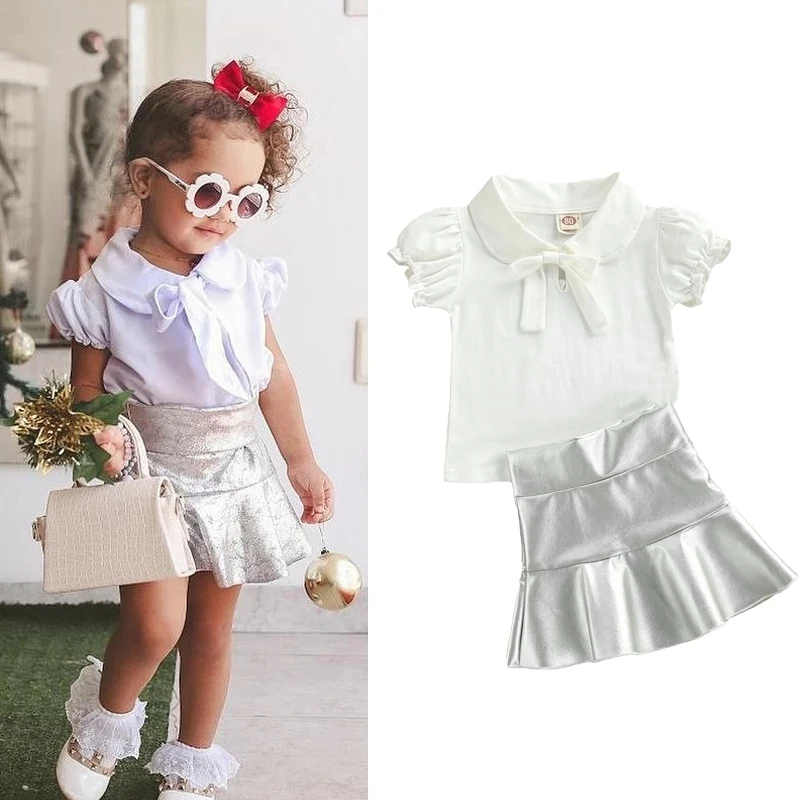 

Kids Baby Girl Clothing 2021 Summer Girls doll collar shirt + silvery zipper Skirt Clothes Outfit 2pcs Set roupa infantil ropa