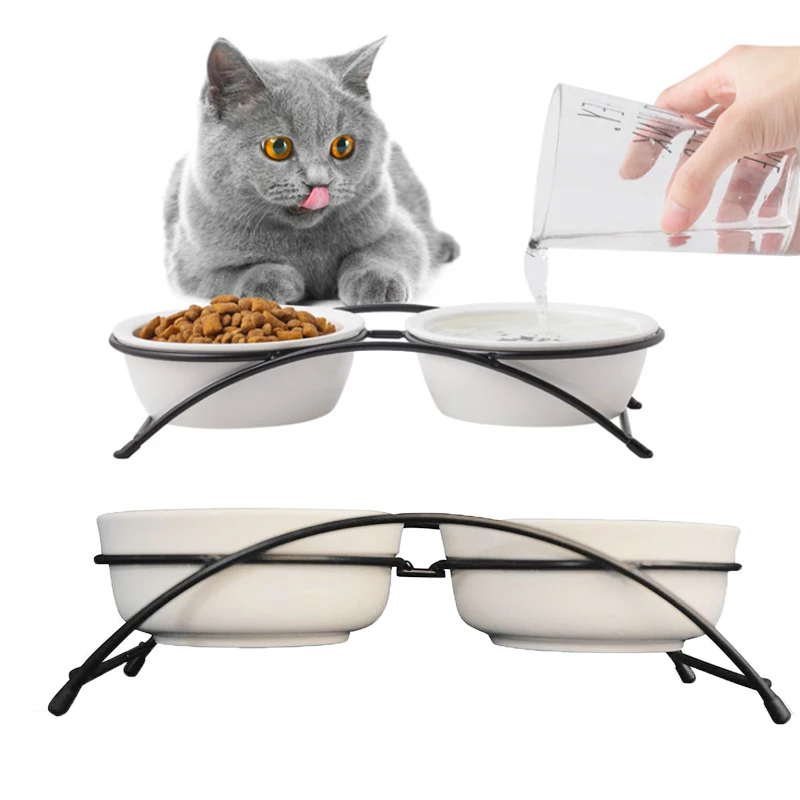 

RTS Ceramic Pet Dishes double Bowls with Stand Protect Pet's Spine Dishwasher Safe customized ceramic pet bowl