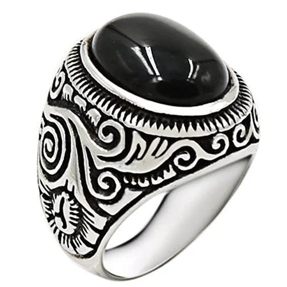 

Hot Sale Vintage Cool Fashion Turkish Jewelry Black Natural Agate Stone Mens Rings For Men