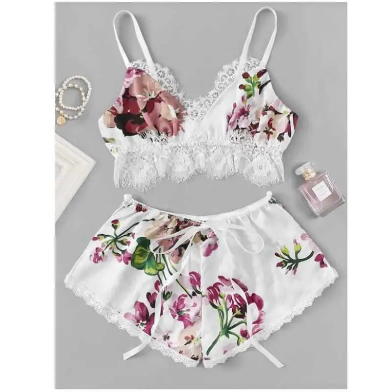 

OEM Custom Pigiama Estiva Sling Lace Sexy Shorts Woman Pajama Set Pijamas Satin Silk Pajamas