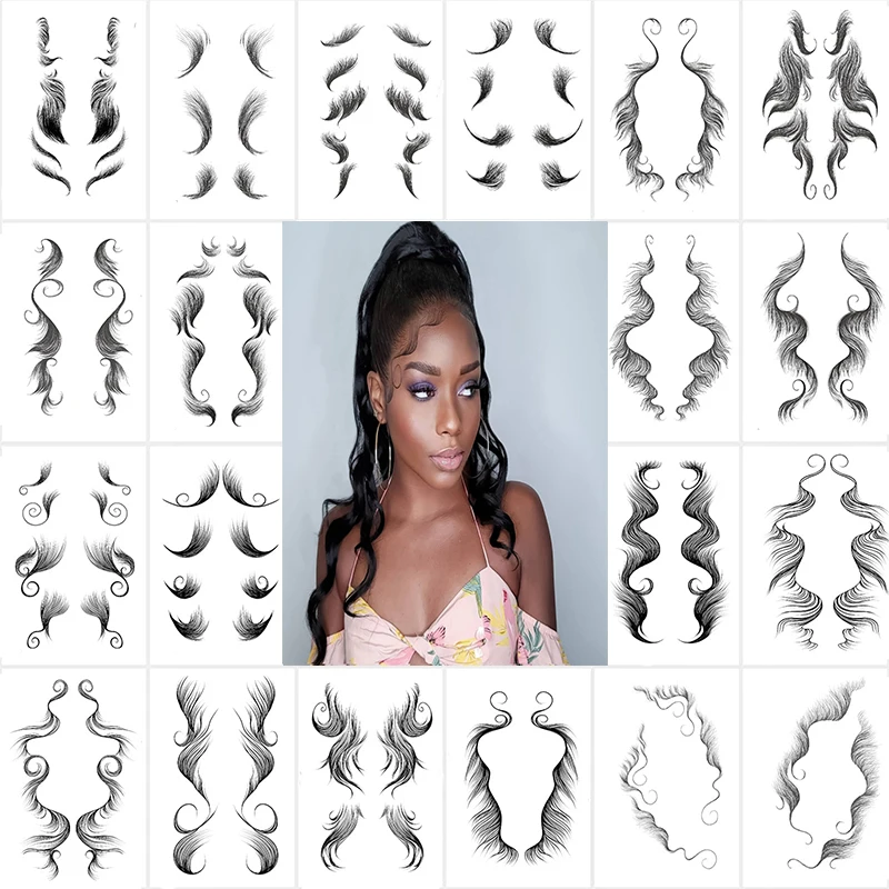 

8 designs in stock baby temporary hairline edge tattoo baby hair tattoo sticker, Black/ gray/ brown/ colourful