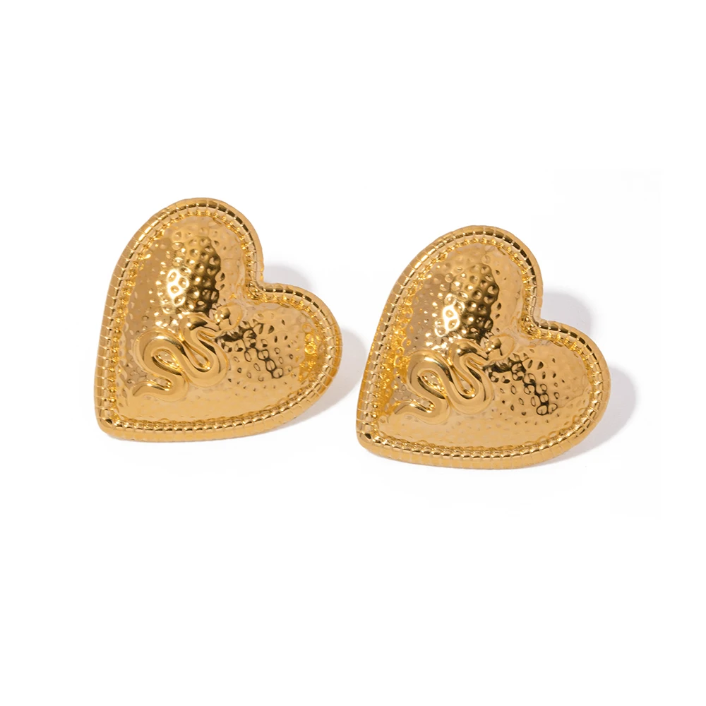 

J&D Jewelry Stainless Steel 18K PVD Gold Plated Hammer Texture Snake Heart Stud Earring for Women