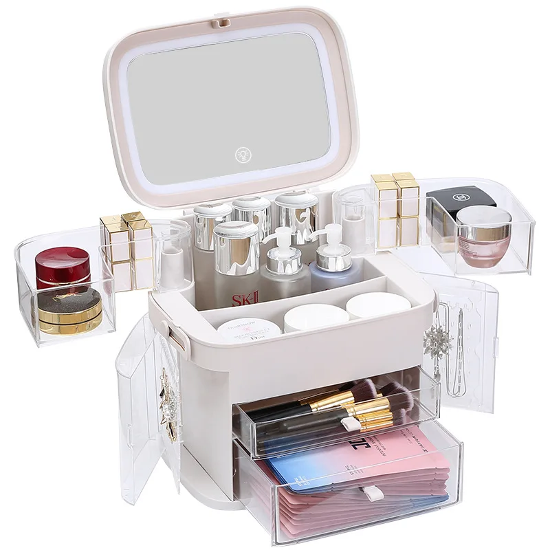 

Multifunction Clear Acrylic Makeup LED Mirror Jewelry Organizer Storage Bags Box