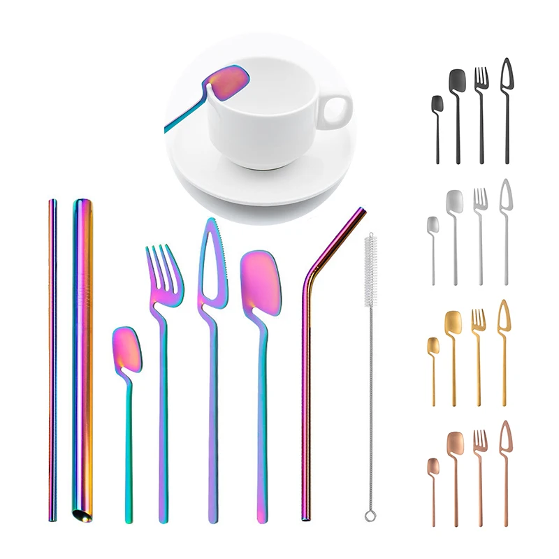 

Wholesale 8 Pcs Geschirr 304 Stainless Steel Reusable Knife Spoon Fork Travel Metal Drinking Straws Cutlery Set, Multicolour,gold,rose gold,silver,black