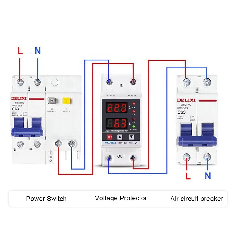 
40A 63A 230V Din rail adjustable over under voltage protector device protective relay Digital current voltage protector 