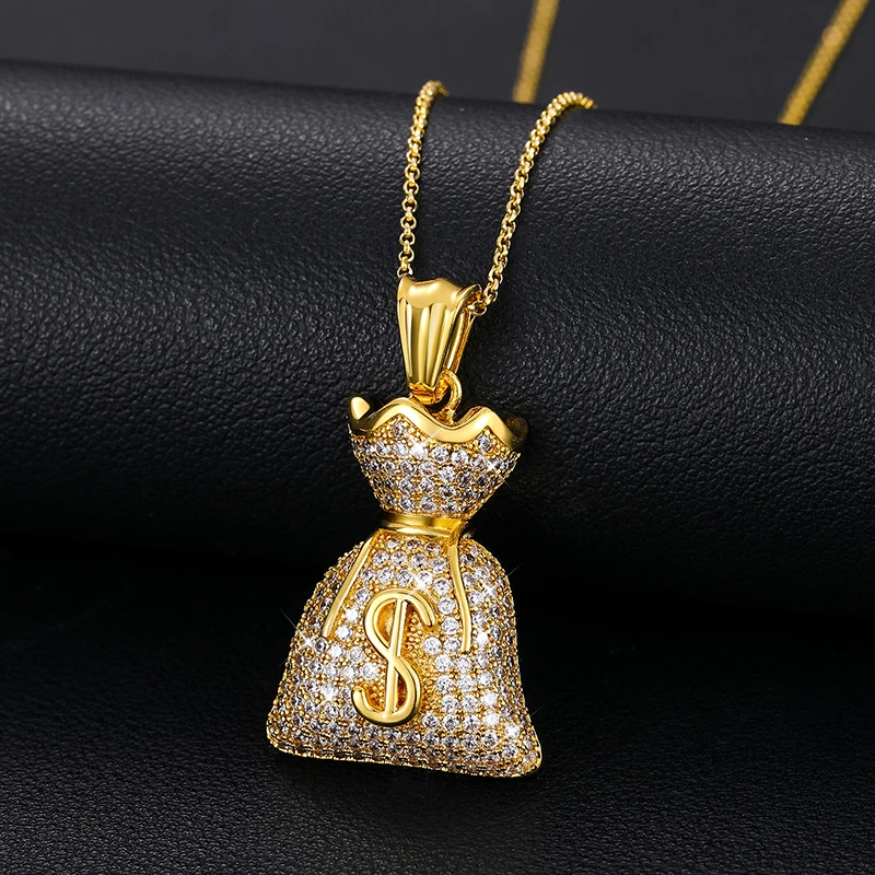 

Shining Money Bag With Dollar Sign Charm Pendant 14K Gold Plated 925 Silver VVS Moissanite Diamond Iced Out Pendant Necklace