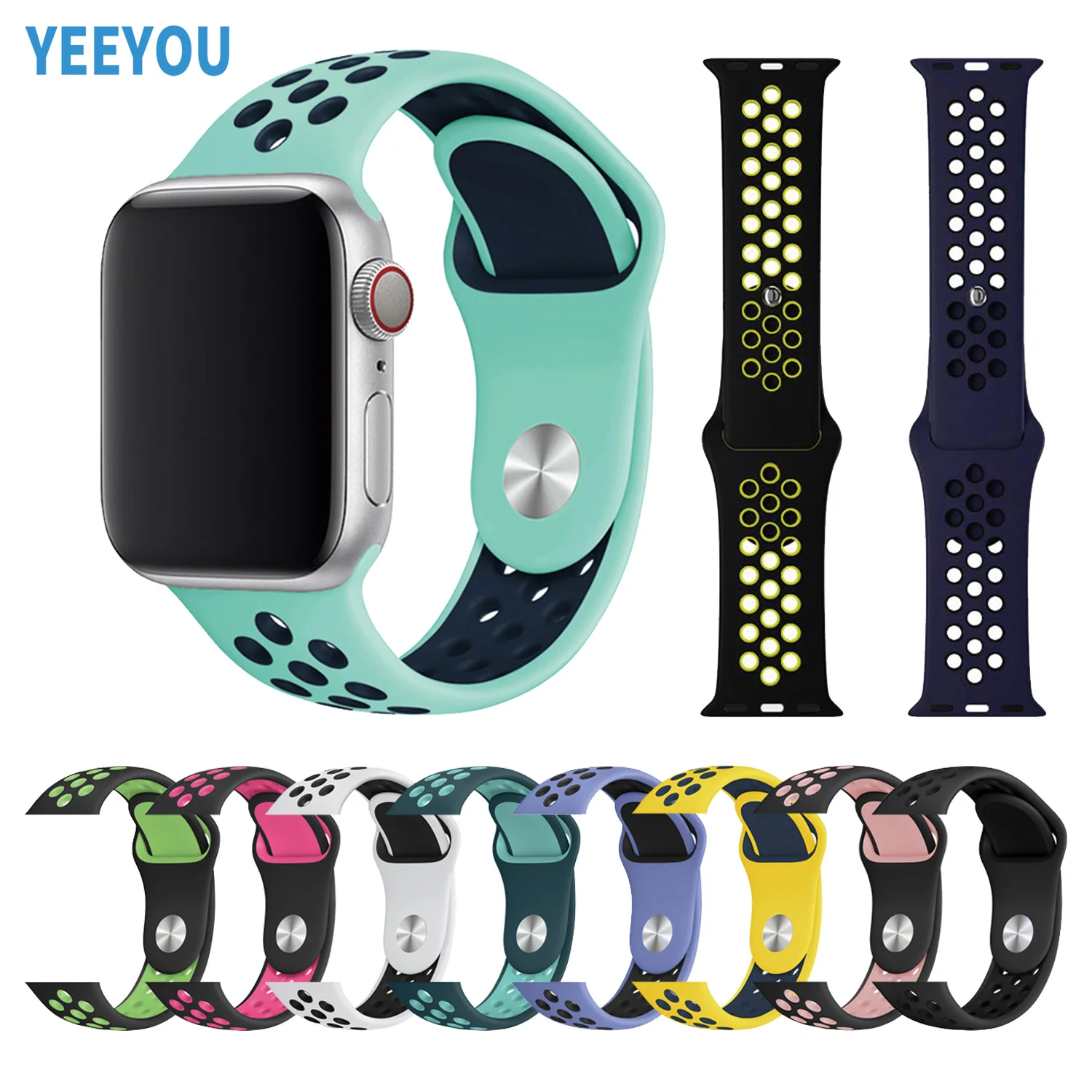 

Dual color Breathable Silicone Sport Band Bracelet Watch Band replacement Wrist Rubber Strap for Apple iWatch 38 40 42 44 mm, Multi-color optional or customized