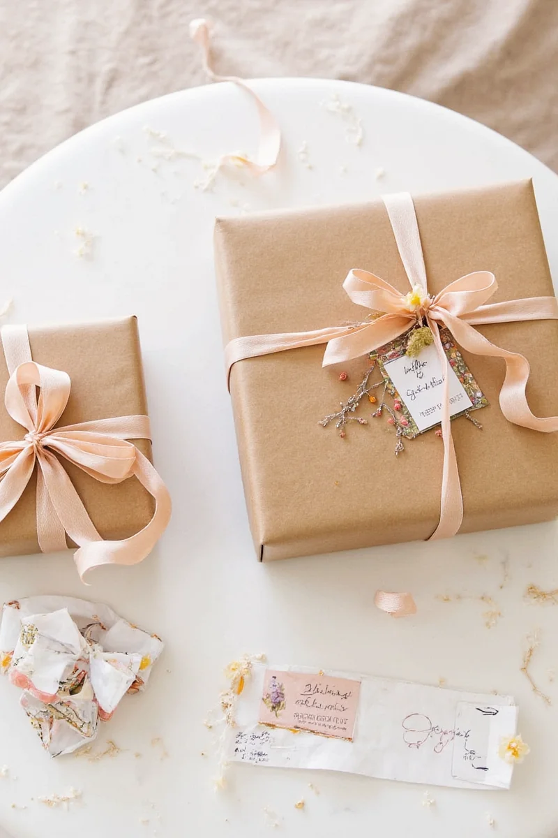 Curled red ribbon on white gift box with snowflakes
