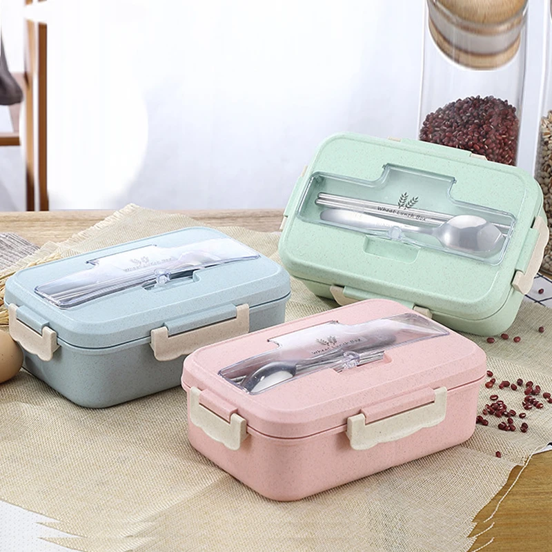 

Microwave Safe Bento Box Food Container Divided Rectangle Three Grids Wheat Straw Lunch Box with Stainless Steel or PP Tableware, Green,blue,pink