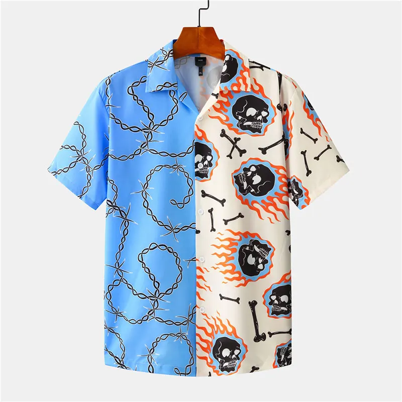 

Hip Hop Style Skull Print Fashion Short Sleeve Shirt Men, Hawaii Printed Shirt