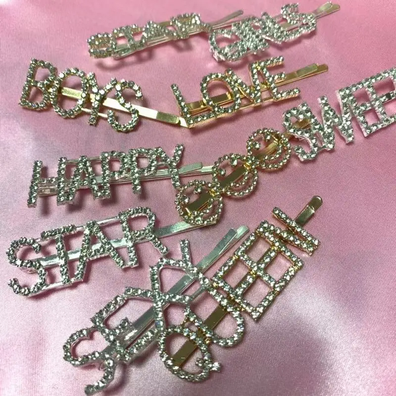 

Cute Glitter Silver Bling Diamond Rhinestone Hair Pin Custom Words Letter Hair Clip