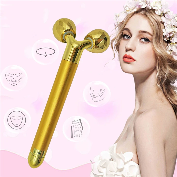 

2 in 1 energy beauty bar 24k golden pulse facial massager electric 3D massage roller, Gold