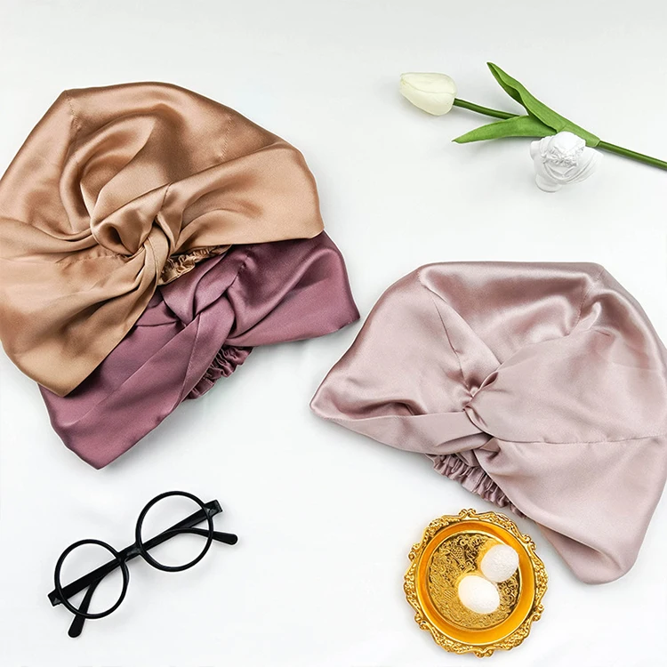 

wholesale silk bonnet knotted style custom logo sleep silk hair bonnet double layer 19MM 100% mulberry silk turban