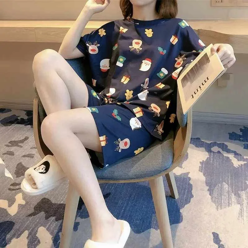 

Pajamas female summer loose oversize sweet lovely student short sleeve shorts can wear Korean home suit