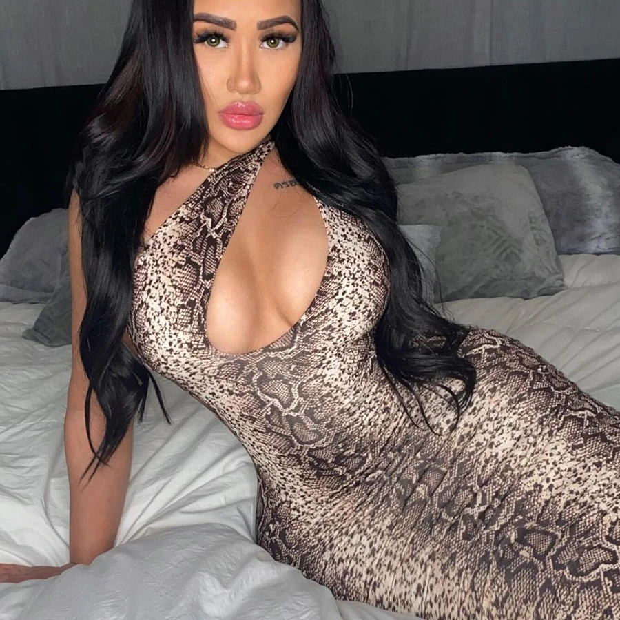 

Nibber K21D01349 Hot Sell Oblique Ripped Hole Sleeveless Wild Serpentine Printed Sexy Bodycon Night Club Party Women Prom Dress