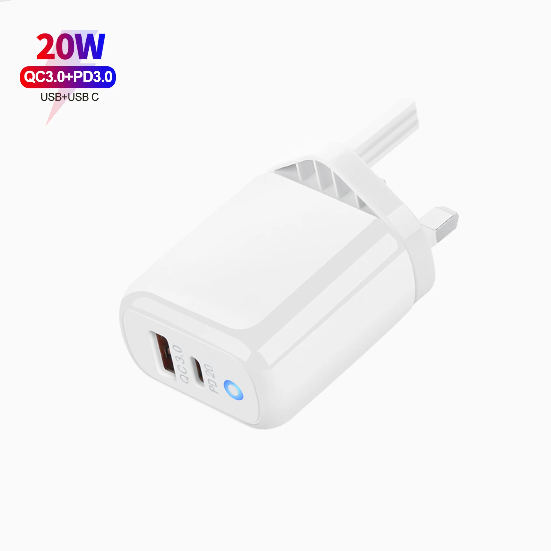

20W USB Type C PD Fast Charger UK Plug 20W USB-C power adapter, White/black