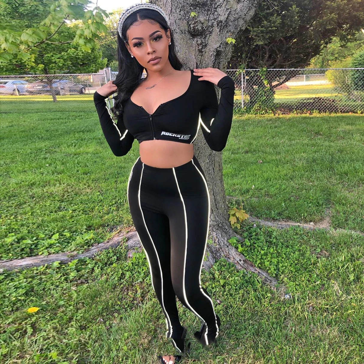 

DVACAMAN 2020 Fashion New Arrivals Sexy Reflective Strip Crop Top Zipper Cardigan 2 Piece Pant Sets for Women Fall Two Piece, Black white