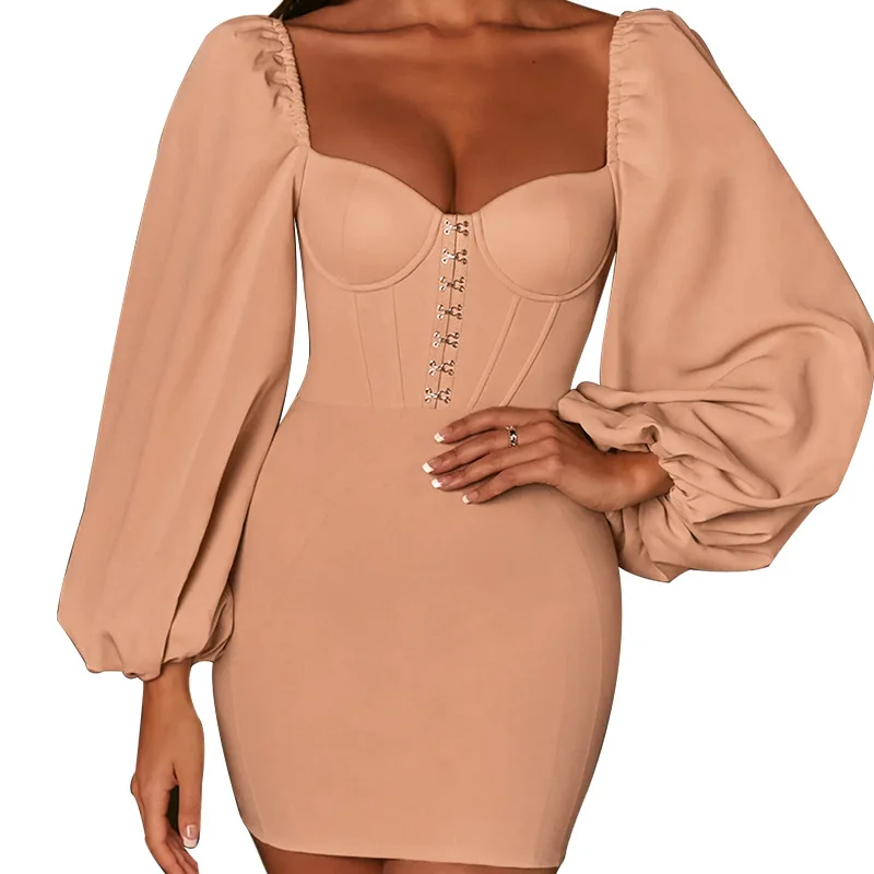 

LN294 Latest Design Autumn Winter Women Casual Dresses Sexy Backless Puff Sleeve Ladies Chiffon Dress Hip Wrap Mini Dress