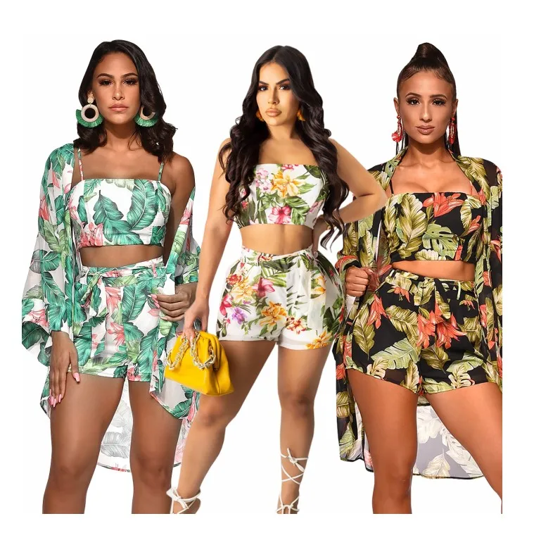 

EB-20030835 2021 New Arrivals summer bikini Ladies Clothes Fashion Print beach wears 3 Piece Short Set, 3 colors