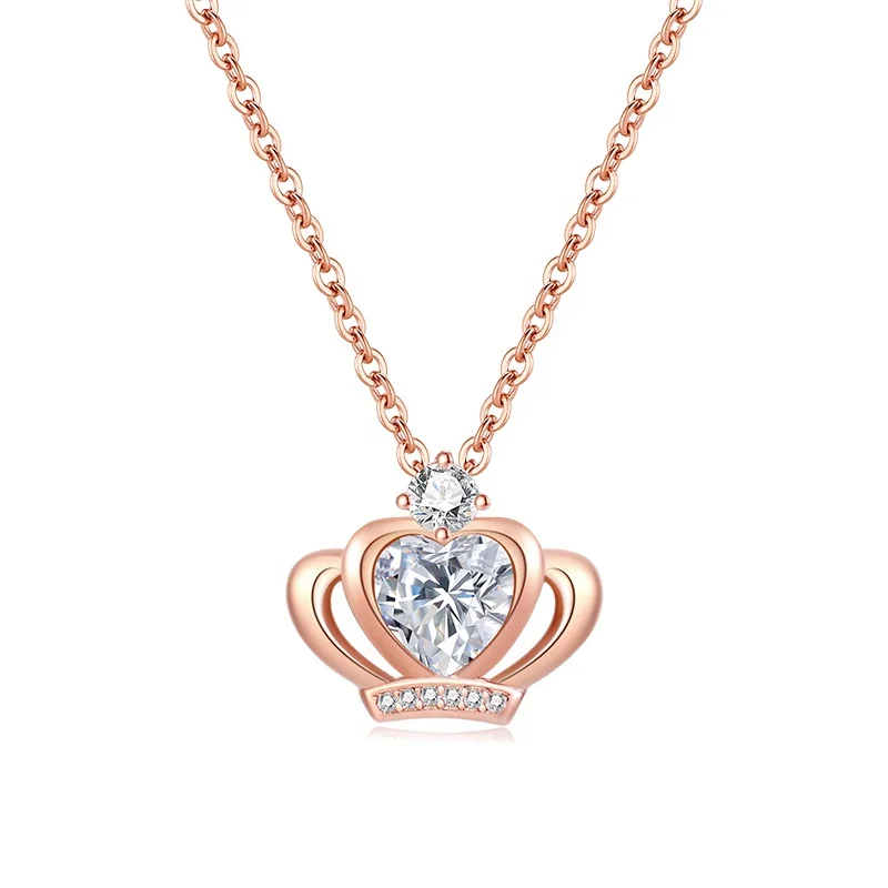 

White Gold Plated Queen Princess Crown Pendant with Heart Shaped Element Crystal Necklace Fashion Jewelry for Girls