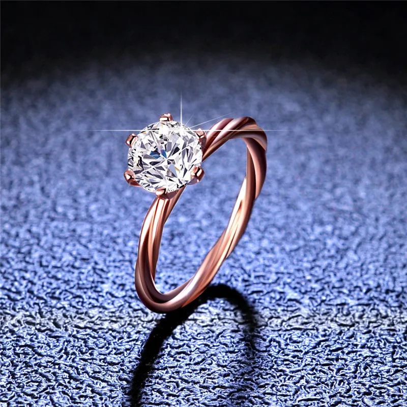 

18K Rose Gold Plated 1 Carat Round Brilliant Cut Diamond Test Past D Color Moissanite Rattan Shape Ring Silver 925 Party Rings