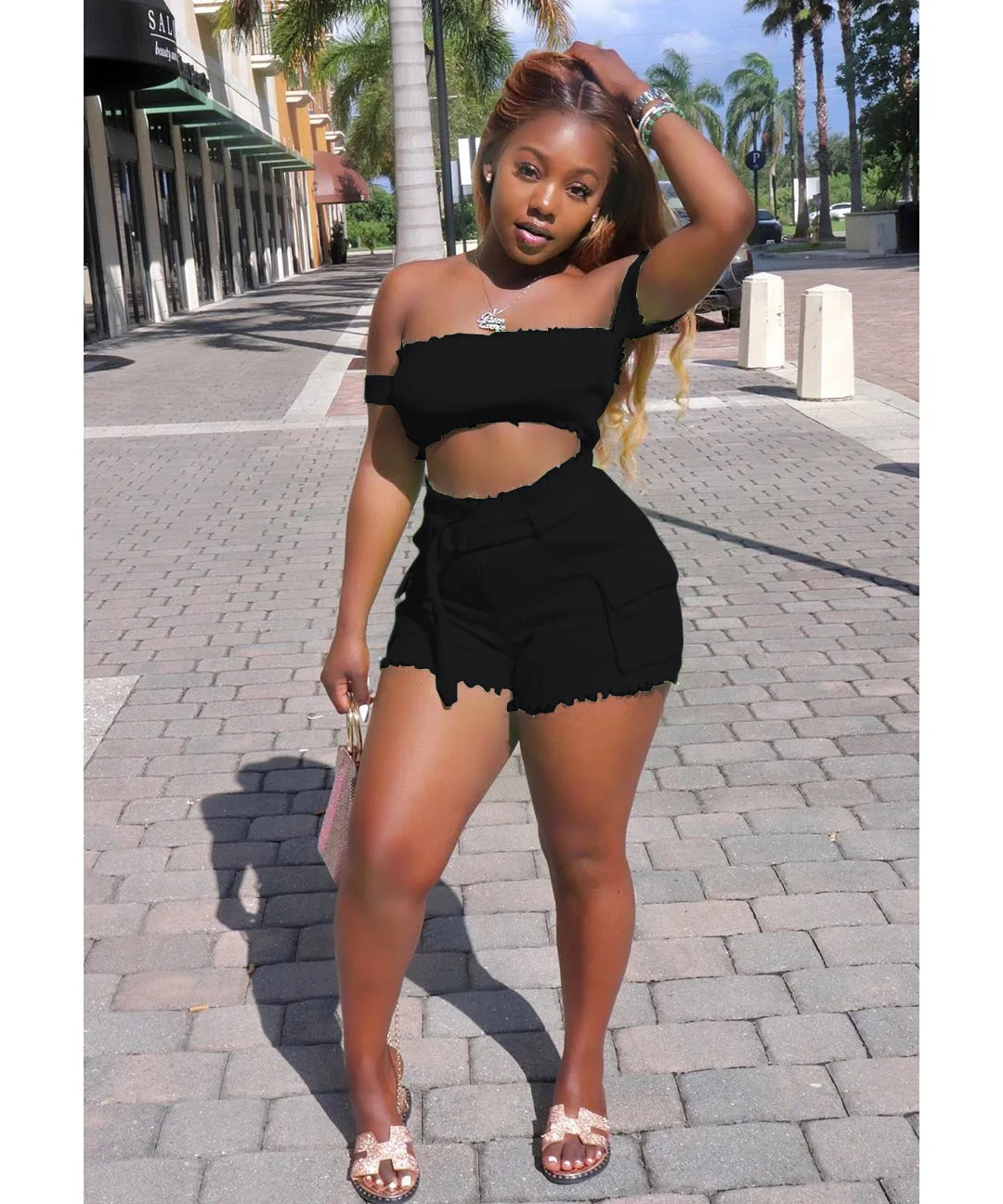

A00001Y Hot Style Knitting Crop Top Bodycon Overalls Two Piece Short Set