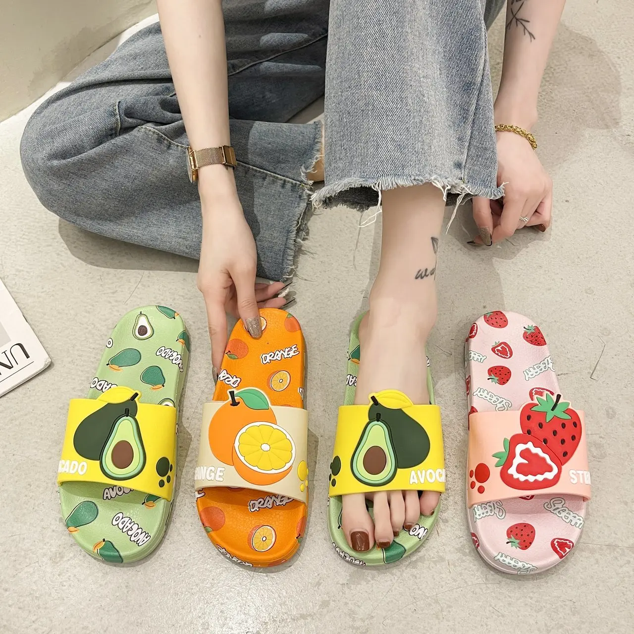 

Summer Hot Selling Fruit Pvc Cute House Slippers Women Slippers Sliders, Pink,green,orange