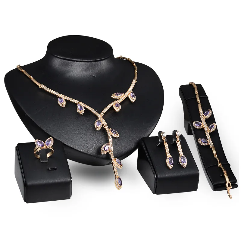 

Charm Gemstone Jewelry Set Of Four European And American Wedding Accessories Necklace Earrings Bracelet Ring Set, Multi