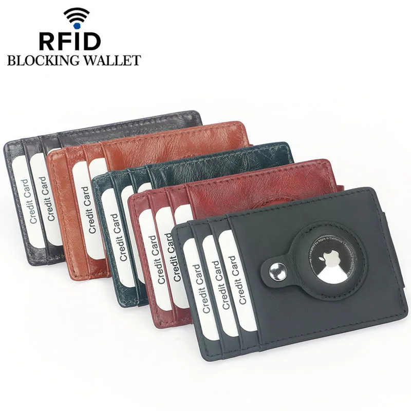 

RFID Airtag Case Cover Wallet Solid Genuine Leather Credit Card Holder Slim Money Clip Minimalist Mens Smart Air Tag Wallets, Black, brown, olive, red, coffee